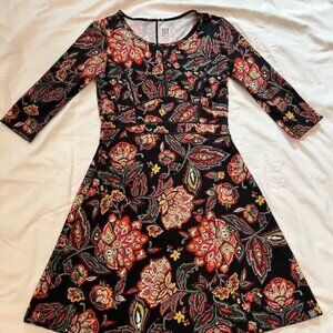 Title Nine Fit-n-Flare 3/4 Sleeve Black Floral Dress, XS